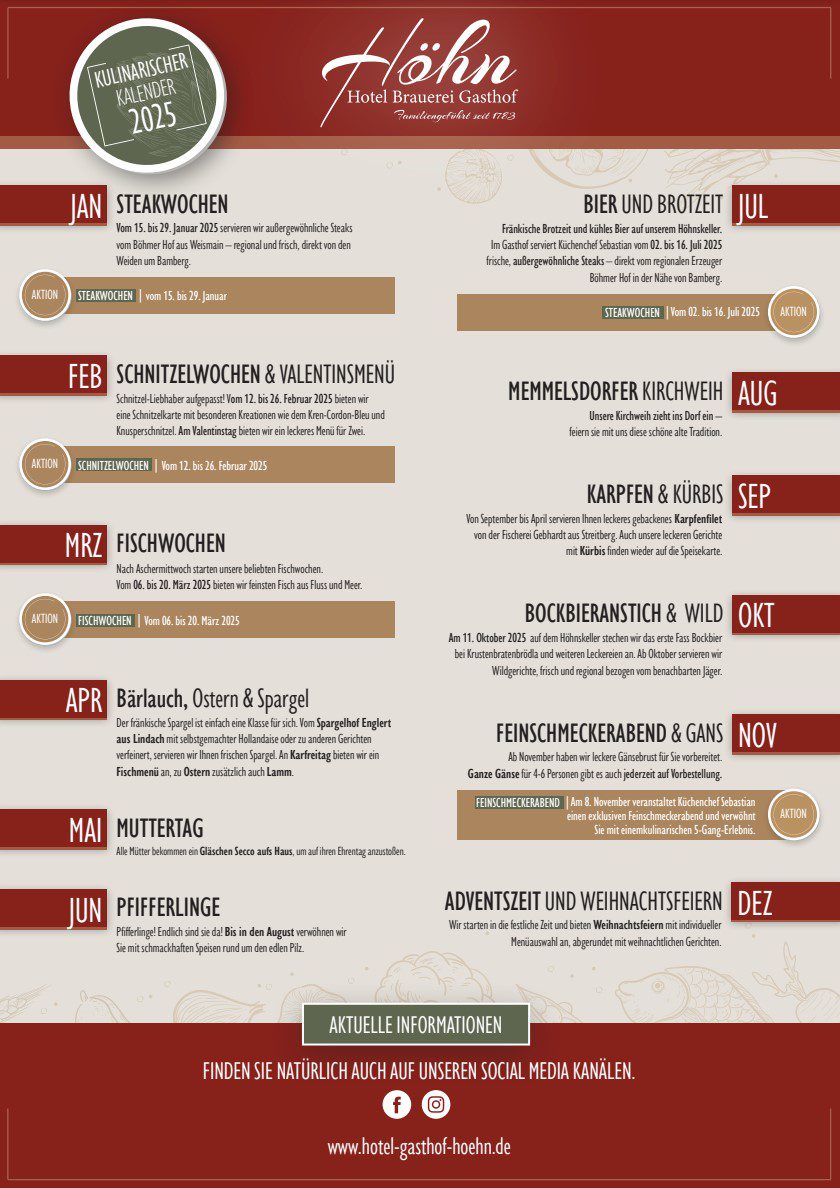 Kulinarischer Kalender 2025 vom Gasthof Höhn in Memmelsdorf. Gezeigt werden pro Monat saisonale Speisen und Aktionen.